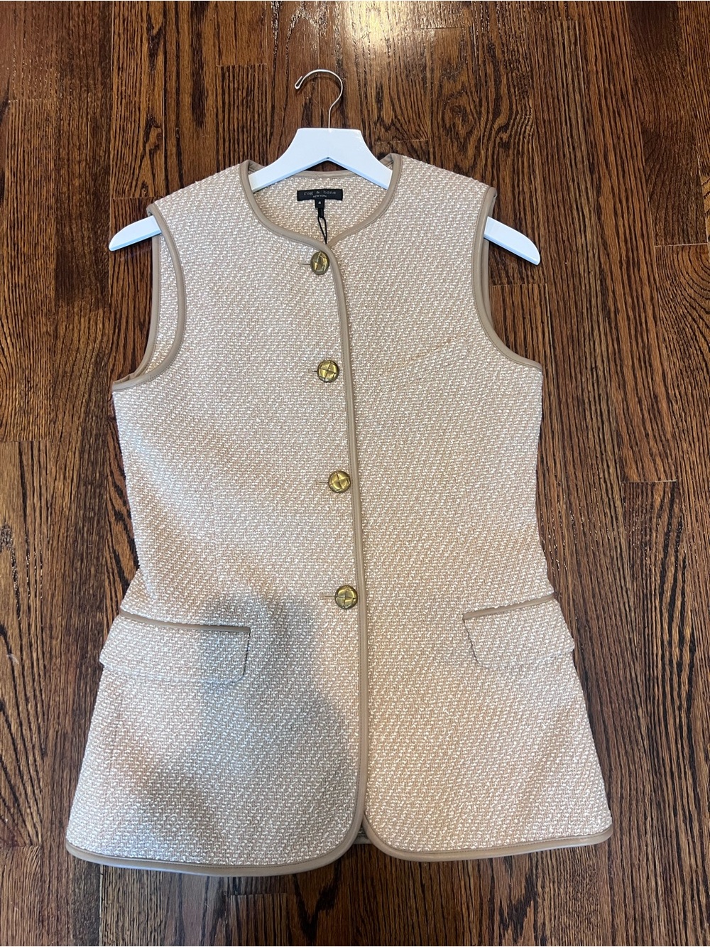 Rag & Bone Sleeveless Textured Tweed Vest with Gold Buttons - Beige